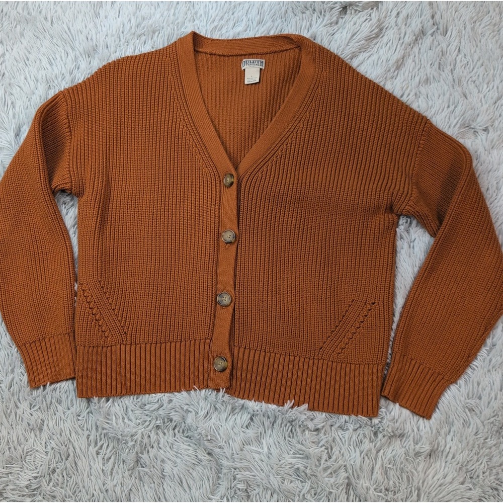Duluth Trading Sweater Womens L Brown Cardigan Button Up Comfort Grandma